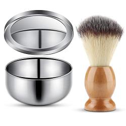 Shaving Cup and Brush Set with Mirror, Segbeauty Beard Shaving Cream Kit, Mirrored Stainless Steel Cream Bowl and Nylon Bristles Natural Crude Wood Handle Brush for Men, Traditional Wet Shaving Set