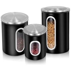 Canister Set of 3, Nested Kitchen Canisters with Stainless Steel Airtight Lids and Windows by H+LUX, Black