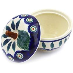 Polish Pottery 3?-inch Apple Shaped Jar (Peacock Leaves Theme) + Certificate of Authenticity
