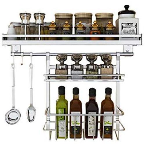 Wall Mount Spice Rack Storage Organizer, Kitchen Seasoning Hanging Rack for Pantry Herb Jar Bottle Cans Holder Kitchen Shelf Storage with 3 hooks, Durable - SUS304 Stainless Steel by Colture