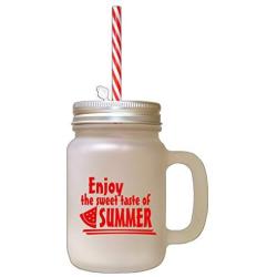 Red Enjoy The Sweet Taste Of Summer Frosted Glass Mason Jar With Straw