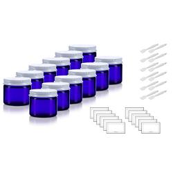 Cobalt Blue Thick Glass Straight Sided Jar with White Metal Airtight Lid - 2 oz / 60 ml (12 pack) + Spatulas and Labels
