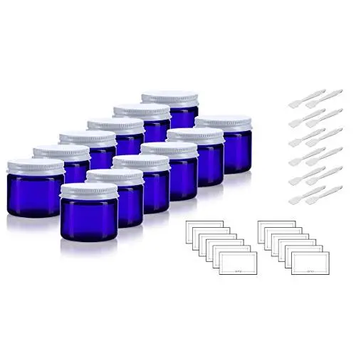Cobalt Blue Thick Glass Straight Sided Jar with White Metal Airtight Lid - 2 oz / 60 ml (12 pack) + Spatulas and Labels Cobalt Blue Thick Glass Straight Sided Jar with White Metal Airtight Lid - 2 oz / 60 ml (12 pack) + Spatulas and Labels
