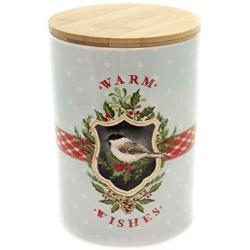 Creative Co-op Warm Wishes/Bird Emblem Ceramic Bamboo Lid Canister, Multicolor