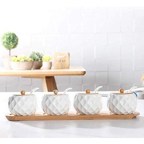 Kitchen seasoning box/Ceramic Condiment Storage Container with Tray Household Salt Pepper Spice Jars Box (Color : B)