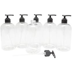 Baire Bottles - 16 oz Clear Plastic Refillable Bottles with Black Pumps - Organize Soap, Shampoo and Lotion with Clean, Clear Look - PET, Lightweight, BPA Free - 6 Pack, including 6 Floral Labels