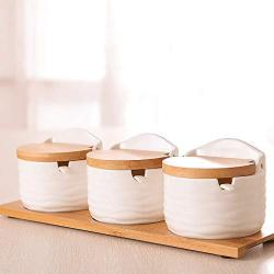 MEIXIU 1PC sugar bowl with lid spoon wooden seasoning jar kitchen tool salt storage box