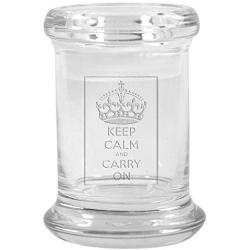 Clear Glass Herb Stash Jar and Lid 2.75 oz with Keep Calm and Carry On Logo from Smoke Promos