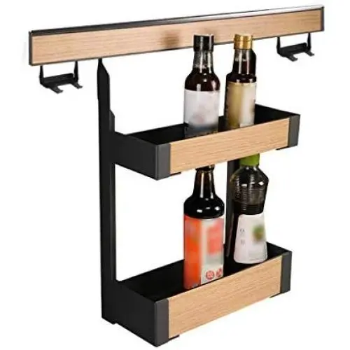 Kitchen Organization Spice Rack Wall Mounted Basket 2-tier Hanging Holder With Protection Railing Steel Shelf Jars Storage Seasoning Display For Pantry