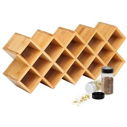 Criss-Cross 18-Jar Bamboo Countertop Spice Rack Organizer, Kitchen Cabinet Cupboard Wall Mount Door Spice Storage, Fit for Round and Square Spice Bottles, Free Standing for Counter, Cabinet or Drawers