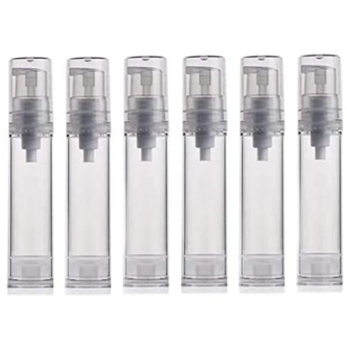 6PCS 5ml/10ml/12ml/15ml Clear Empty Travel Portable Refillable Plastic Airless Vacuum Pump Bottle Vial Press Container for Essence Cleanser Emulsion (10ml/ 0.34oz)