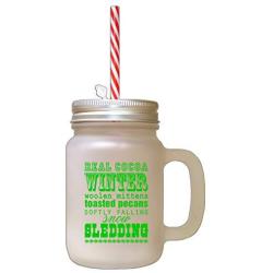 Green Winter Woolen Mittens Toasted Pecans Frosted Glass Mason Jar With Straw