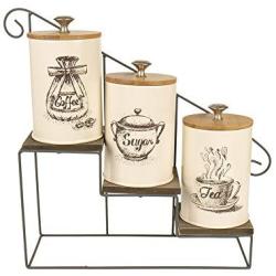 X023SS Set of 4 Vintage Cream white Metal Coffee Sugar Tea Storage Tin Canister/Jar/Container/Home Kitchen Gift Set With Display Stand