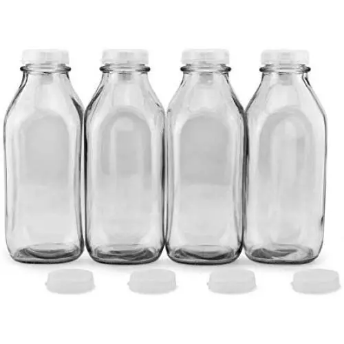 Maisen Korbflechts Glass Milchflaschen (4er Set); Retro Vintage Stil Milchbehälter mit Aufklikappen, zusätzliche Klappenträger enthalten