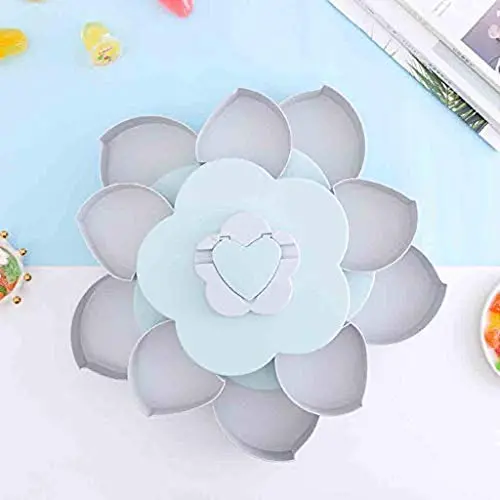2-Schichtiger Bloom Rotating Snack Box mit Blumenmuster, Süßigkeiten- und Lebensmittellagerbox, Schmuckorganizer, Blütenform, Obstschale, Snack-Lagerbehälter, für Wohnzimmer, Süßigkeiten-Schale (Blau)