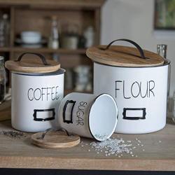 White Metal Canister Set of Three Coffee Flour Sugar Jars with Wood Lids