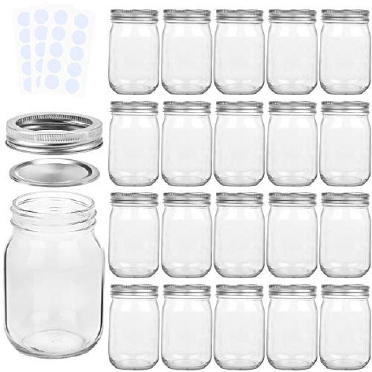 KAMOTA Mason Jars 16 oz with Regular Lids and Bands, Ideal for Jam, Honey, Wedding Favors, Shower Favors, Baby Foods, DIY Magn