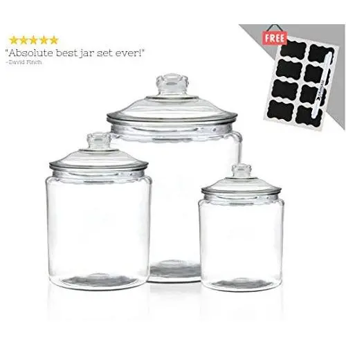 Anchor Hocking Heritage Hill Glass Jar Set with Lids | Clear Storage Container Canisters for Cookie, Candy, Dry Food or Pasty | 2, 1 and Half Gallon Collection