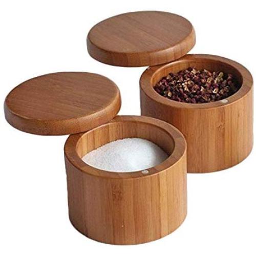Atten Bamboo Spice Box Wood Kitchen Condiment Storage Container Supplies for Sugar Salt Pepper Jar, Kitchen Seasoning Storage Holder 2Pcs