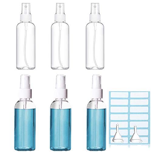 6-Pack Spray Bottles, 4oz/100ml Clear Empty Fine Mist Plastic Mini Travel Bottle Set .Refillable & Reusable Bottles for Essential Oils, Small Refillable Containers Labels and funnel as gift