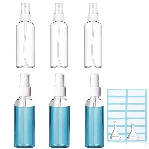 6-Pack Spray Bottles, 4oz/100ml Clear Empty Fine Mist Plastic Mini Travel Bottle Set .Refillable & Reusable Bottles for Essential Oils, Small Refillable Containers Labels and funnel as gift 6-Pack Spray Bottles, 4oz/100ml Clear Empty Fine Mist Plastic Mini Travel Bottle Set .Refillable & Reusable Bottles for Essential Oils, Small Refillable Containers Labels and funnel as gift