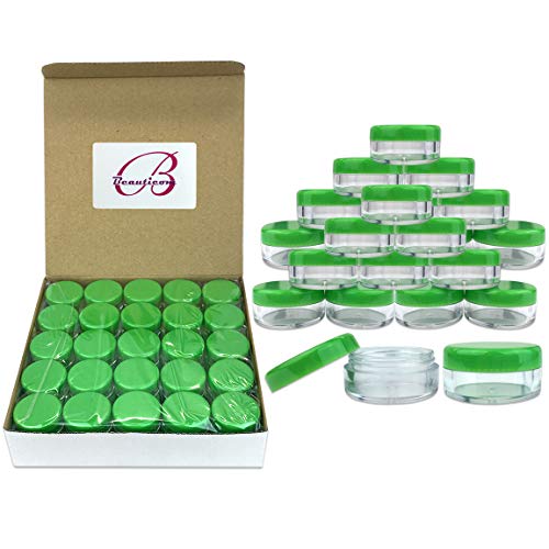 (Quantity: 100 Pieces) Beauticom 5G/5ML Round Clear Jars with GREEN Lids for Scrubs, Oils, Toner, Salves, Creams, Lotions, Makeup Samples, Lip Balms - BPA Free