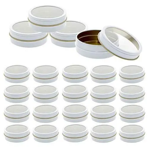 Mimi Pack 24 Pack Tins 2 oz Shallow Round Tins with Clear Window Lids Empty Tin Containers Cosmetics Tins Party Favors Tins and Food Storage Containers (White)