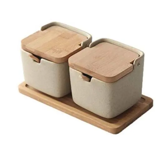 Keramik-Soßenbehälter mit Klappdeckel, Zuckerbehälter, Salzbehälter, Gewürzglas, Teelöffel-Set zur Aufbewahrung von Gewürzen und Kräutern – Perfektes Geschenk für Zuhause, Küche und Haushochzeit. (2 Set)