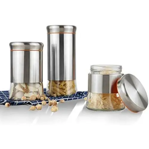 Glass Kitchen Coffee Canister Jar Set for Countertop 304 Stainless Steel Food Storage Containers with Air Tight Lid,Pantry Organization and Storage for Tea Snacks Sugar,Orange Set of 3