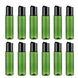 12Pcs (30ml/1oz) Green Plastic Empty Bottle with Black Disc Top Flip Lid Squeezable Makeup Containers Pot Refillable Portable Travel Sub Bottling for Lotion Cleanser Toner Emollient Water