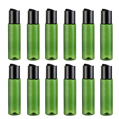 12Pcs (30ml/1oz) Green Plastic Empty Bottle with Black Disc Top Flip Lid Squeezable Makeup Containers Pot Refillable Portable Travel Sub Bottling for Lotion Cleanser Toner Emollient Water