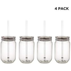 Windy City Novelties LED Light Up Mason Jars with Lids & Straws 20 oz - Set of 4