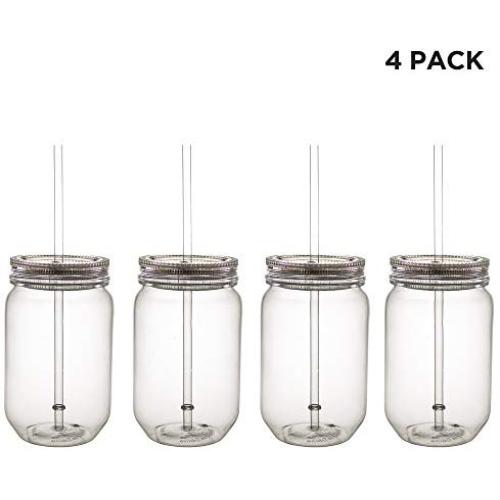Windy City Novelties LED Light Up Mason Jars with Lids & Straws 20 oz - Set of 4