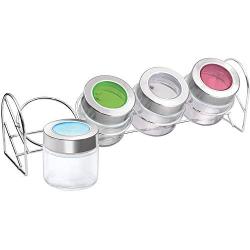 Satisfactory nation Treo Delfy Storage Glass Jar Set with Color Lids and Stainless Steel Stand Canister Set Glass Container Set Glass Jars for Candies Chocolate Almonds Much More 100 ml Each Set of 4