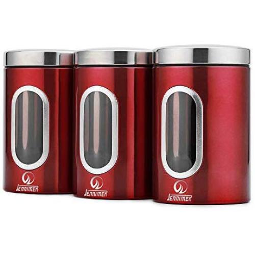 JENNIMER 3PC Kitchen Canister Sugar Food Tea Coffee Candy Storage Jars Stainless Steel with Transparent Windows (Red)