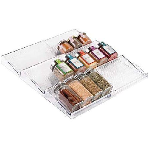 mDesign Adjustable, Expandable Plastic Spice Rack, Drawer Organizer for Kitchen Cabinet Drawers - 3 Slanted Tiers for Garlic, Salt, Pepper Spice Jars, Seasonings, Vitamins, Supplements - Clear