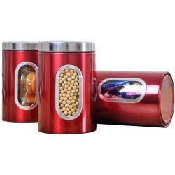 Szs 3pcs Stainless Steel Window Canister Tea Coffee Sugar Nuts Jar Storage Set Red Frane Storage Setee Drawers Kitchen Sugar Flour Closet Food Microwave Cereal Glass Bl