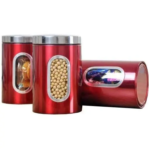 Ensemble 3 pièces en acier inoxydable pour rangement de thé, café, sucre, noix, pot de rangement rouge Frane, tiroirs, cuisine, sucre, farine, garde-manger, micro-ondes, céréales. Ensemble 3 pièces en acier inoxydable pour rangement de thé, café, sucre, noix, pot de rangement rouge Frane, tiroirs, cuisine, sucre, farine, garde-manger, micro-ondes, céréales.