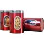 Szs 3pcs Stainless Steel Window Canister Tea Coffee Sugar Nuts Jar Storage Set Red Frane Storage Setee Drawers Kitchen Sugar Flour Closet Food Microwave Cereal Glass Bl