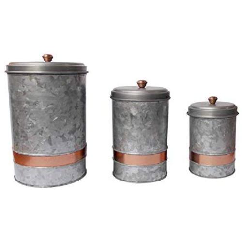 Benjara Galvanized Metal Lidded Canister with Copper Band, Set of Three, Gray