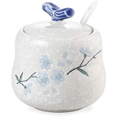 Vintage Cherry Blossom Sugar Bowl Set Sugar Dispenser with Lid Serving Spoon Salt Pot Pepper Storage Jar Seasoning Pot Container Box Condiment Spice Racks Holder for Home Kitchen Blue