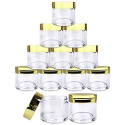 Beauticom 12 Piece 1 oz. USA Acrylic Round Clear Jars with Flat Top Lids for Creams, Lotion, Make Up, Cosmetics, Samples, Herbs, Ointment (12 Pieces Jars + Lids, GOLD)