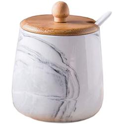 Ceramics Marbling Sugar Salt Pepper Storage Jar Seasoning Pot Dessert Bowl with Lid and Wood Spoon