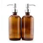 Cornucopia Brands 16-Ounce Amber Glass Bottles w/Stainless Steel Pumps (2-Pack); Lotion & Soap Dispenser Brown Boston Round Bottles for Aromatherapy, DIY, Home & Kitchen