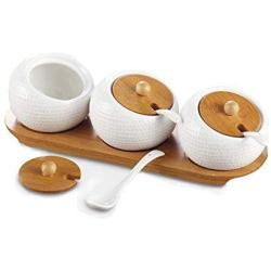 Bamboo & Wooden Ceramic Spice Jars, 3 Spice Jars, Bamboo Wooden lid and 3 Serving Spoon, Bamboo Coating Ceramic Spice jar, Storage of Salt/Pepper/Sugar/Sesame, Suitable for Kitchens