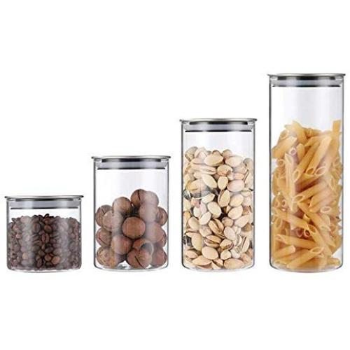 NNDQ Glass Storage Jar with Airtight Stainless Steel Lids/Clear Glass Canisters, Borosilicate Vacuum Seal for Tea Coffee Flour Snacks Set of 4