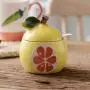 BESTONZON Fruit Shaped Ceramic Sugar Bowl Salt Pot Pepper Storage Jar Seasoning Pot Container Condiment Spice Box Holder with Lid and Spoon (Yellow Pomelo)