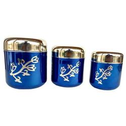 Rastogi Handicrafts Set of 3 Window Kitchen Canister, Stainless Steel (Blue Leaf Design)