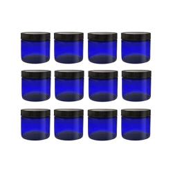 ljdeals 2oz Blue PET Plastic Jars with Lids, Refillable Empty Round Containers, Pack of 12, BPA Free, Made in USA Perfect for Kitchen, Cosmetic, Lotion, Personal Care Products and more