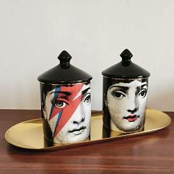 Fancy Girls candel hoders Classic Fornasetti Candle Holder with blacklid Ceramic Storage Bin Art Candlestick Holder Retro Handmade Storage Jars Home Decor,Gold Tray